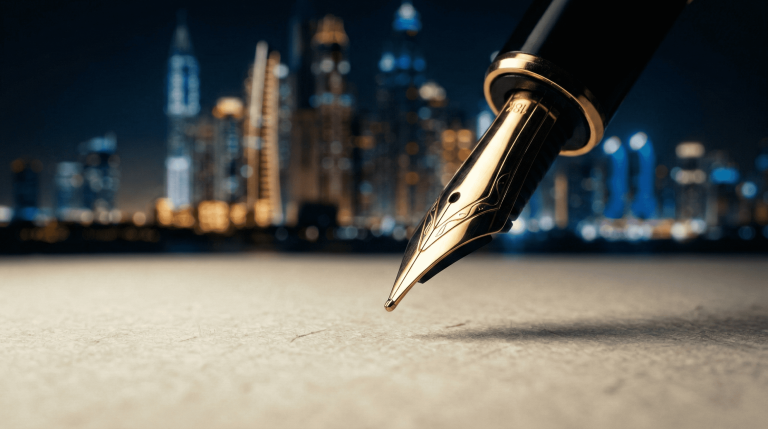 Gold fountain pen hovering over textured legal paper against a blurred Dubai skyline at night, representing strict witnessing and notarization requirements for UAE wills.