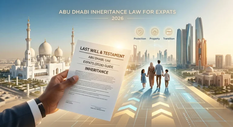 Hero image illustrating Abu Dhabi inheritance law for expats in 2026, showing a hand holding a last will and testament document against a backdrop of the Sheikh Zayed Grand Mosque, city skyline, and an expat family.