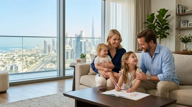 Parents signing legal documents with a lawyer in the UAE