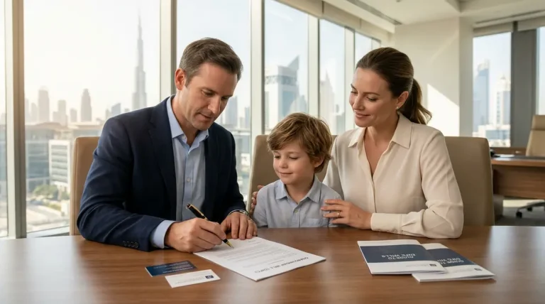 Family signing legal documents for guardianship in UAE