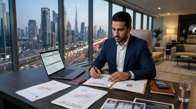Business owner reviewing KYC, proof of address, and source of funds documents to avoid UAE business bank account rejection