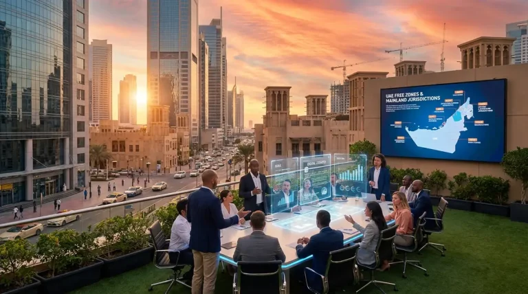 Dubai skyline with business towers, symbolizing opportunities for foreign entrepreneurs