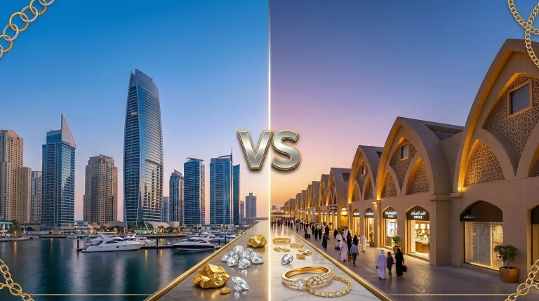 A split-screen comparison showing DMCC skyscrapers and waterfront on the left versus the traditional architecture of Dubai Gold and Diamond Park on the right, representing UAE business setup options for jewelry and precious metals.
