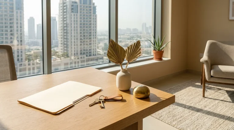 Tenancy contract and Ejari certificate on a desk in a UAE residential office, illustrating how to file a rental dispute in Dubai