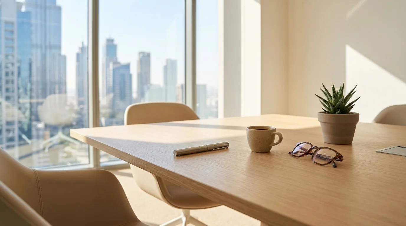 Modern UAE free zone office with a calm boardroom view of business towers, illustrating Qualifying Free Zone Person corporate tax status