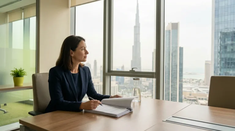 Business professional reviewing documents to recover unpaid invoice in Dubai office