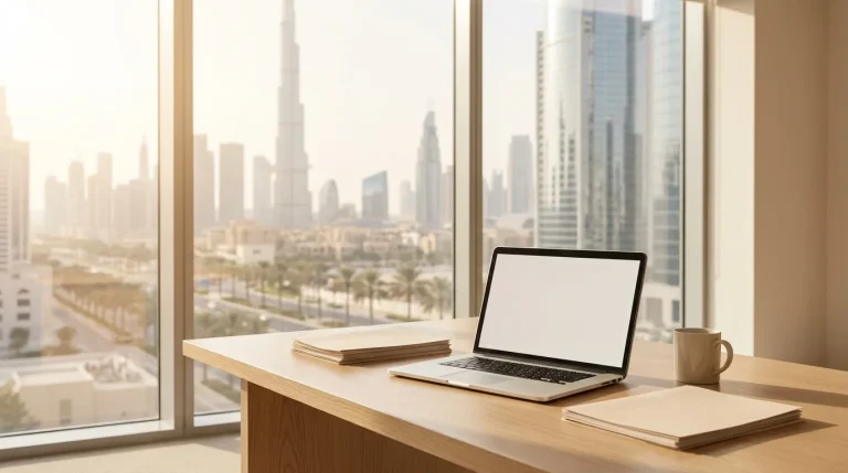 Modern Dubai office workspace representing UAE corporate tax deregistration filed with the Federal Tax Authority