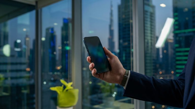 WhatsApp lease termination Dubai — digital messages on a phone screen with Dubai Marina skyline in the background