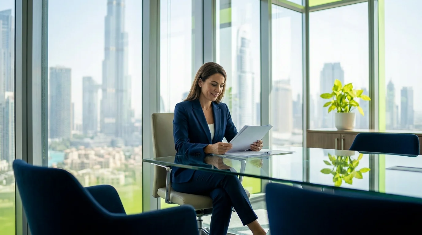 Consultant reviewing best free zones in UAE for consultants on a laptop in a modern Dubai office