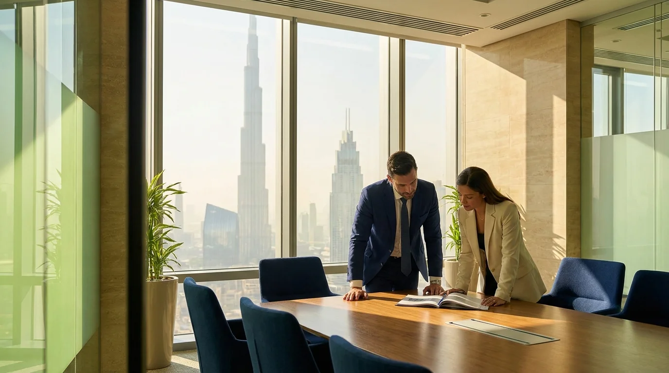 UAE business directors signing a board resolution UAE document at a Dubai office boardroom