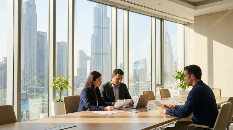 Corporate restructuring UAE meeting between advisors reviewing a rescue plan in a Dubai boardroom