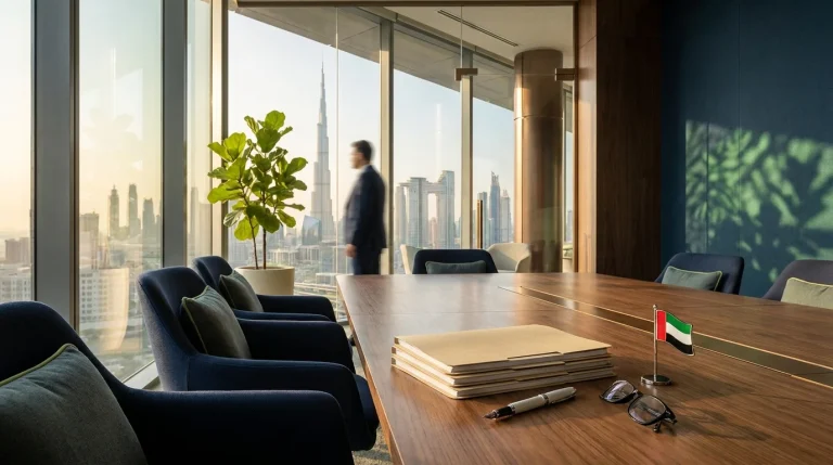 Non-Muslim expat couple comparing DIFC vs ADJD vs Dubai Courts wills options at a modern UAE law office desk