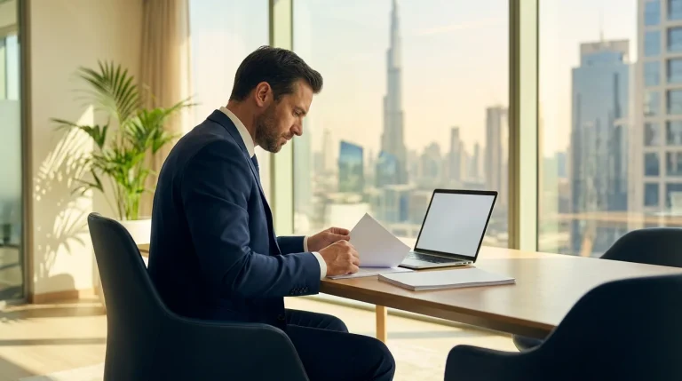 Founder reviewing Dubai mainland license documents at a modern Dubai office desk