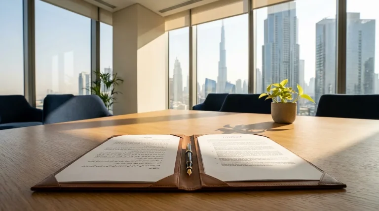 Bilingual contracts in the UAE with Arabic and English documents on a professional desk