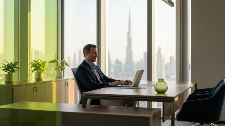 Professional working on a laptop with a Dubai skyline view, illustrating the Dubai remote work visa lifestyle