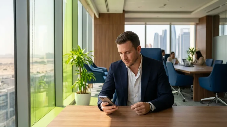 UAE resident using ICP Smart Services on a smartphone to check Emirates ID and visa status