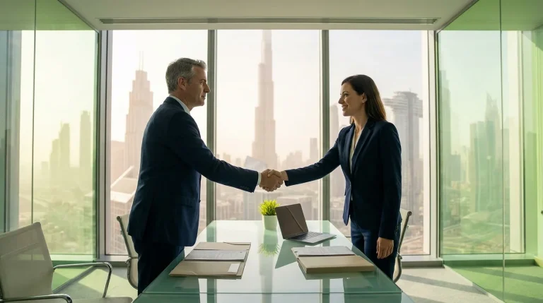 Founders shaking hands at a boardroom table representing mergers and acquisitions for UAE SMEs