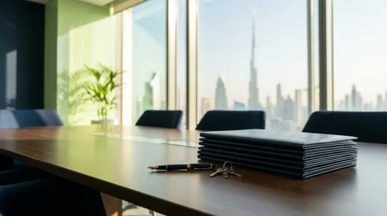 UAE power of attorney for property document on a desk with Dubai skyline in the background