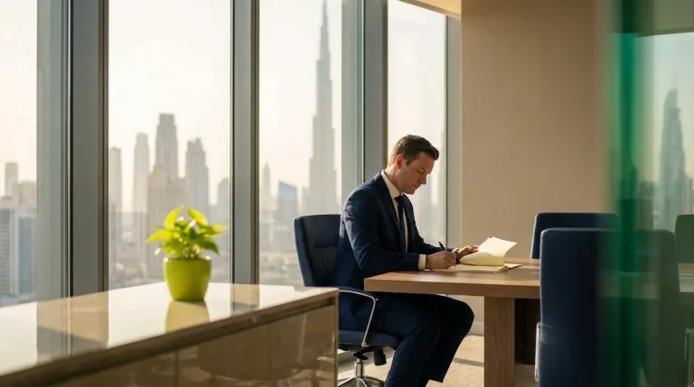 UAE company founder signing a power of attorney document in a sunlit Dubai office