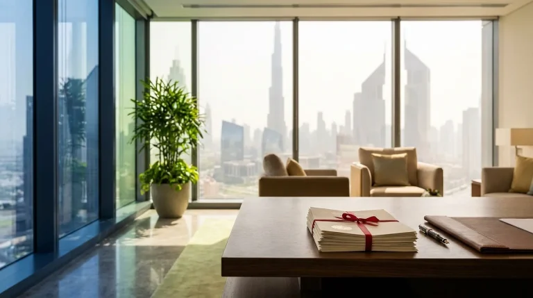 UAE banker reviewing notarised documents for banks UAE compliance at a Dubai office desk