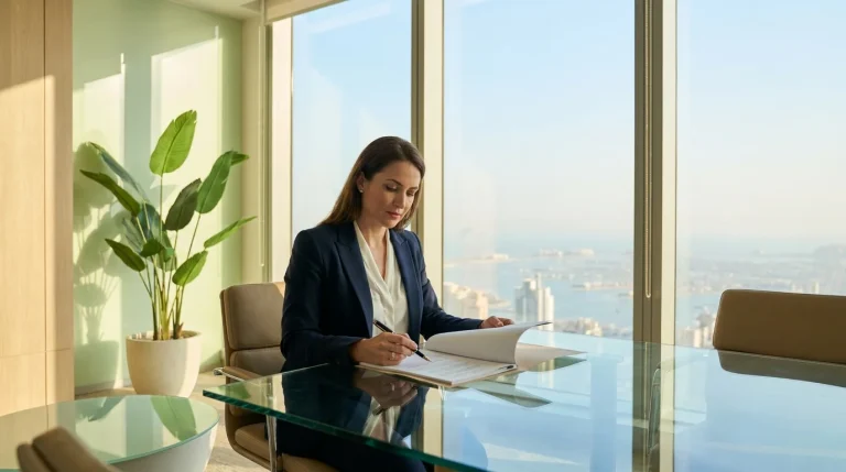 Founder reviewing documents on how to open business bank account in UAE after company setup in a Dubai office