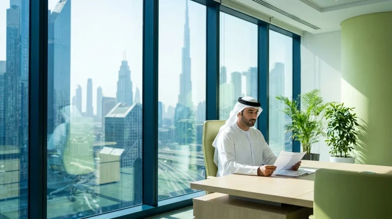 Emirati businessman in a kandoura reviewing documents in a Dubai office, UAE cheque bounce law