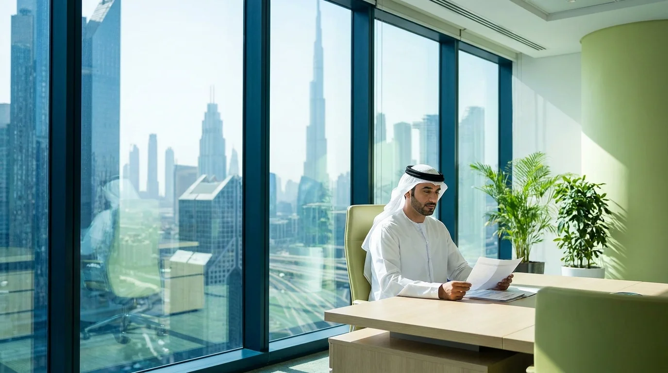 Emirati businessman in a kandoura reviewing documents in a Dubai office, UAE cheque bounce law