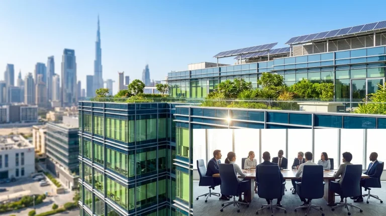 UAE Climate Law 2026: bright daylight view of a sustainable Dubai office building