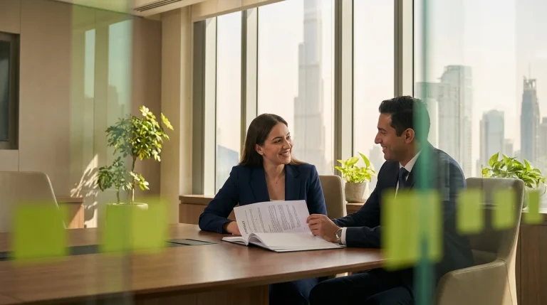 Founders reviewing uae contract clauses that cause disputes in a bright modern Dubai office