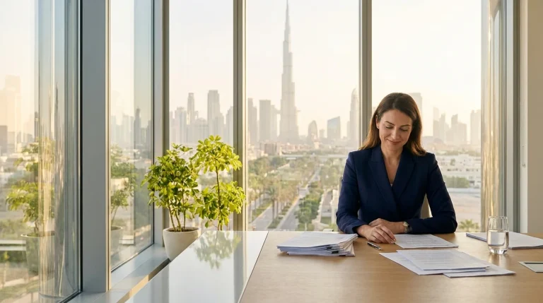 Founder reviewing invoices and contracts during the uae debt recovery process in a modern Dubai office