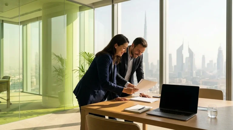 Founder reviewing a uae establishment card for company application on a laptop in a modern Dubai office