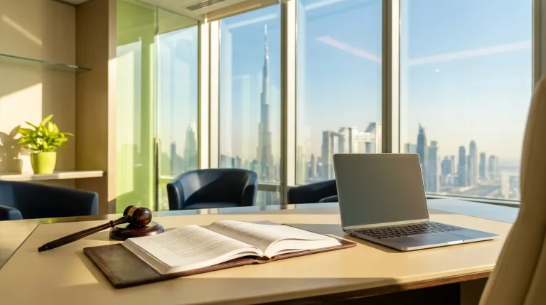 Lawyer reviewing documents for enforcing foreign judgments in the UAE at a Dubai courthouse desk