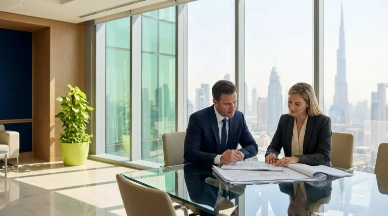 UAE business owners reviewing options for court vs arbitration vs settlement uae in a bright Dubai office