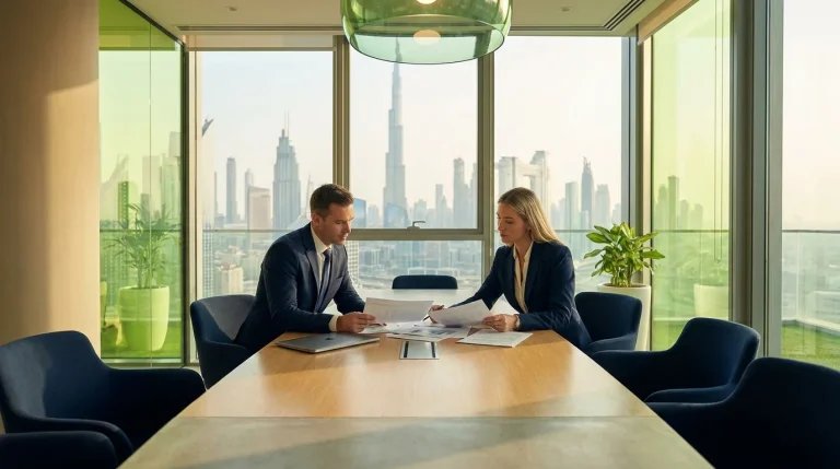 Advisers reviewing documents during uae m&a due diligence in a bright Dubai office