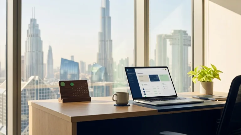 UAE Wage Protection System 2026 payroll desk in a Dubai office showing salary processing on the first of the month