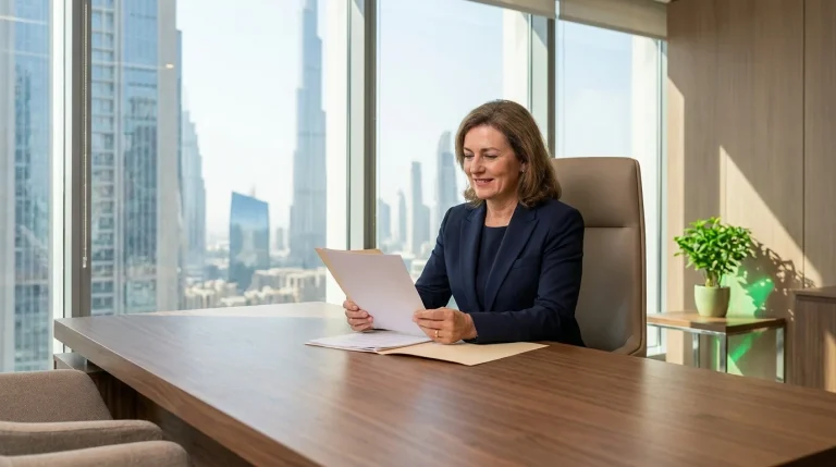 Founder reviewing uae regulated activities external approval documents at a modern Dubai office desk