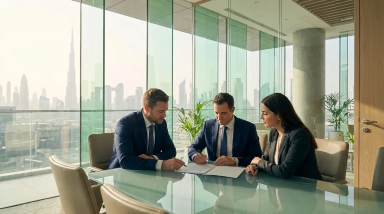 Founders reviewing an enforceable settlement agreement UAE document in a bright Dubai office