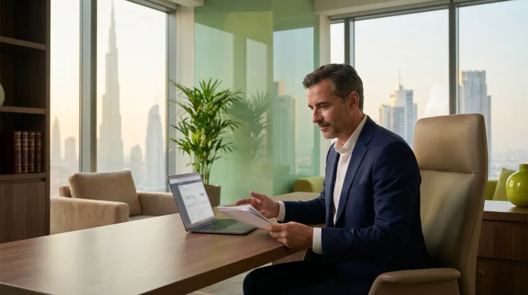 Founder reviewing uae trade license renewal cost documents at a modern Dubai office desk