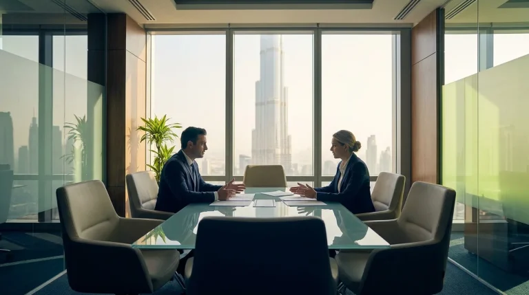 Business professionals discussing without prejudice in the UAE during a settlement negotiation meeting