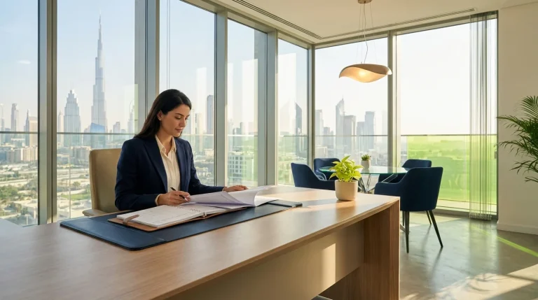 Employee reviewing a payslip while working on public holidays in the UAE in a modern Dubai office
