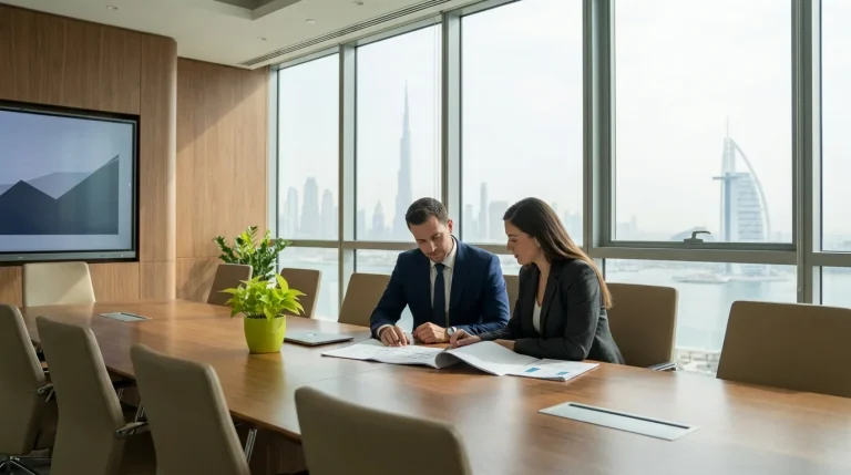 Businesspeople reviewing legal documents to buy an existing business in Dubai